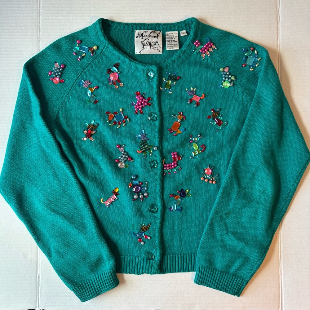 Vintage Michael Simon Teal Embellished Novelty Cardigan Beaded Dogs Size Large